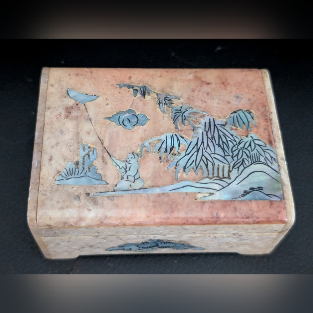 Oriental Marble Jewelry Box-Mother of Pearl Top Design Scene-Home Decor-Colorful